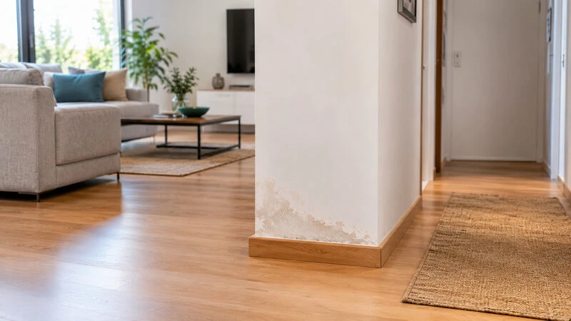 Interior de uma habitação portuguesa com um discreto sinal de humidade junto ao rodapé, associado a uma possível fuga de água escondida.