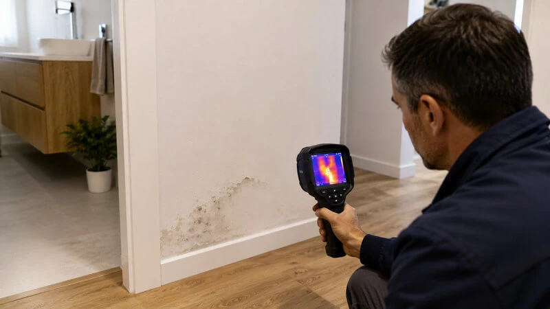 Inspeção de uma parede com sinais de humidade através de uma câmara termográfica para ajudar a investigar a possível origem de uma fuga de água escondida.
