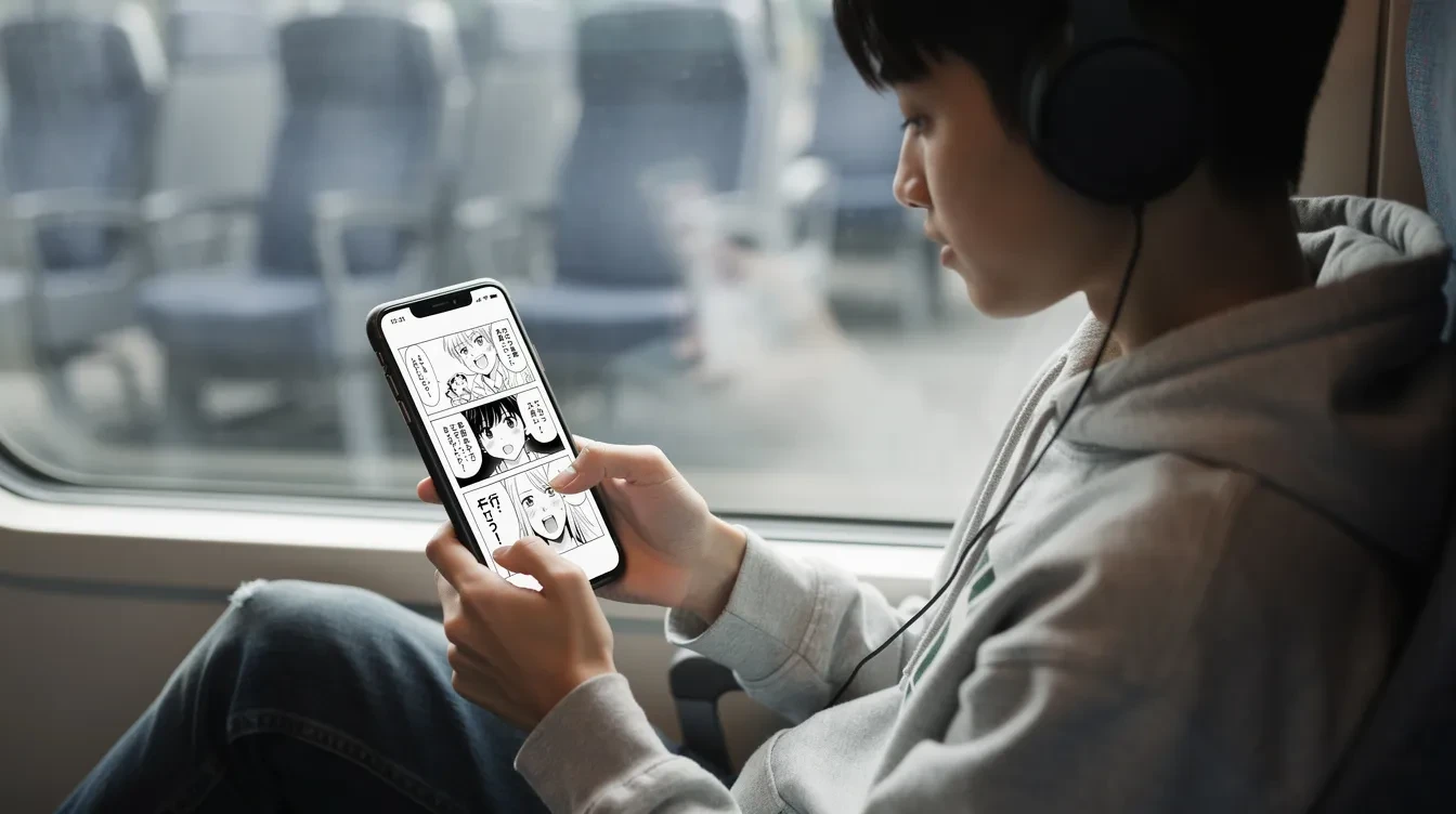 Japanese boy reading manga on phone