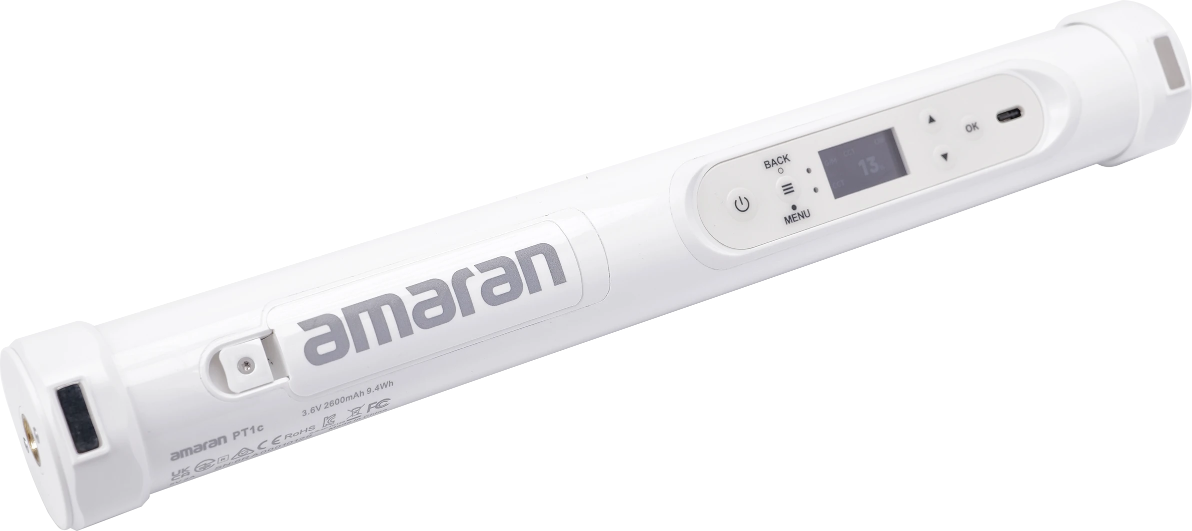 Тильна сторона корпусу Amaran PT1c із міні-дисплеєм налаштувань, роз'ємом USB-C, кнопками навігації та магнітними поворотними торцями