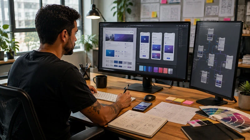 Profissional de UI e UX desenvolve interface digital analisando usabilidade, organização visual e experiência do usuário