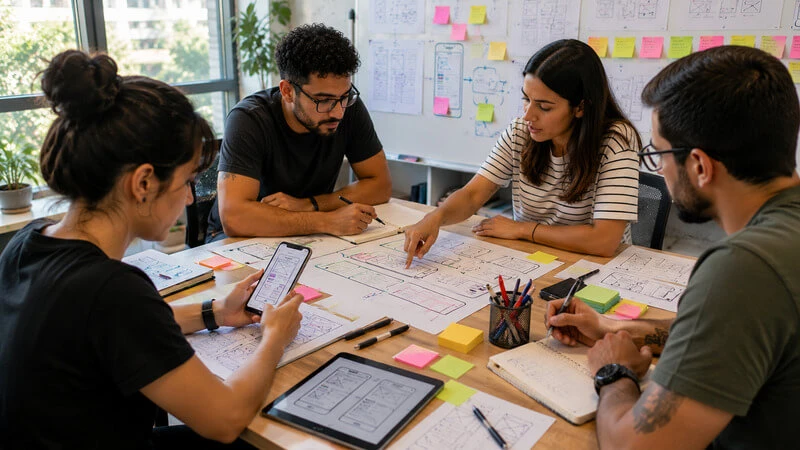 Equipe de UI e UX testa protótipo de aplicativo e analisa wireframes antes da etapa de desenvolvimento