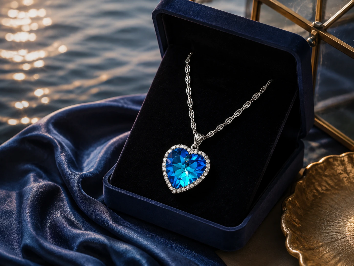 Heart of the Ocean blue heart necklace displayed in an elegant navy jewelry box