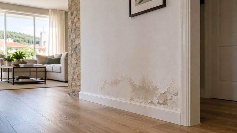 Interior de uma habitação em Viana do Castelo com sinais discretos de humidade e deterioração da pintura junto ao rodapé.