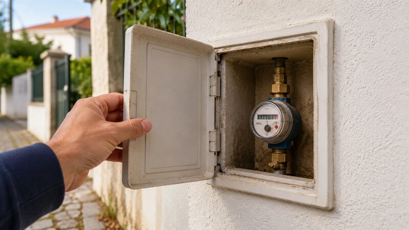Proprietário verifica o contador da água no exterior de uma habitação em Viana do Castelo para identificar um possível consumo inesperado.