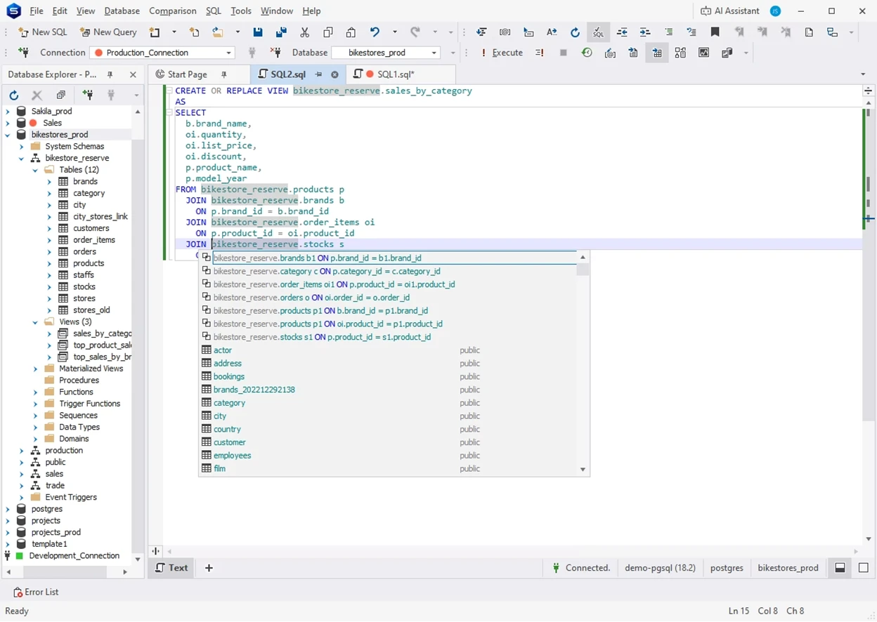 dbForge Studio for PostgreSQL SQL Editor showing context-aware code completion while writing a multi-table JOIN query.
