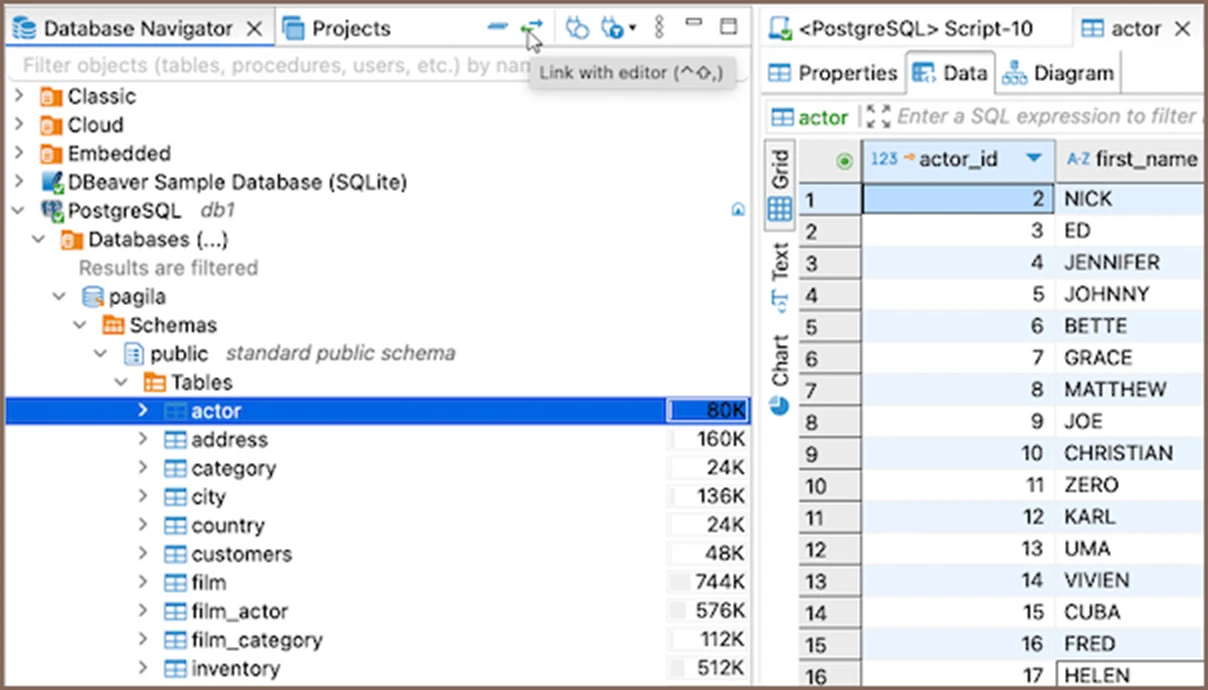 DBeaver Database Navigator displaying a PostgreSQL database schema with the Data Viewer open for a selected table. 