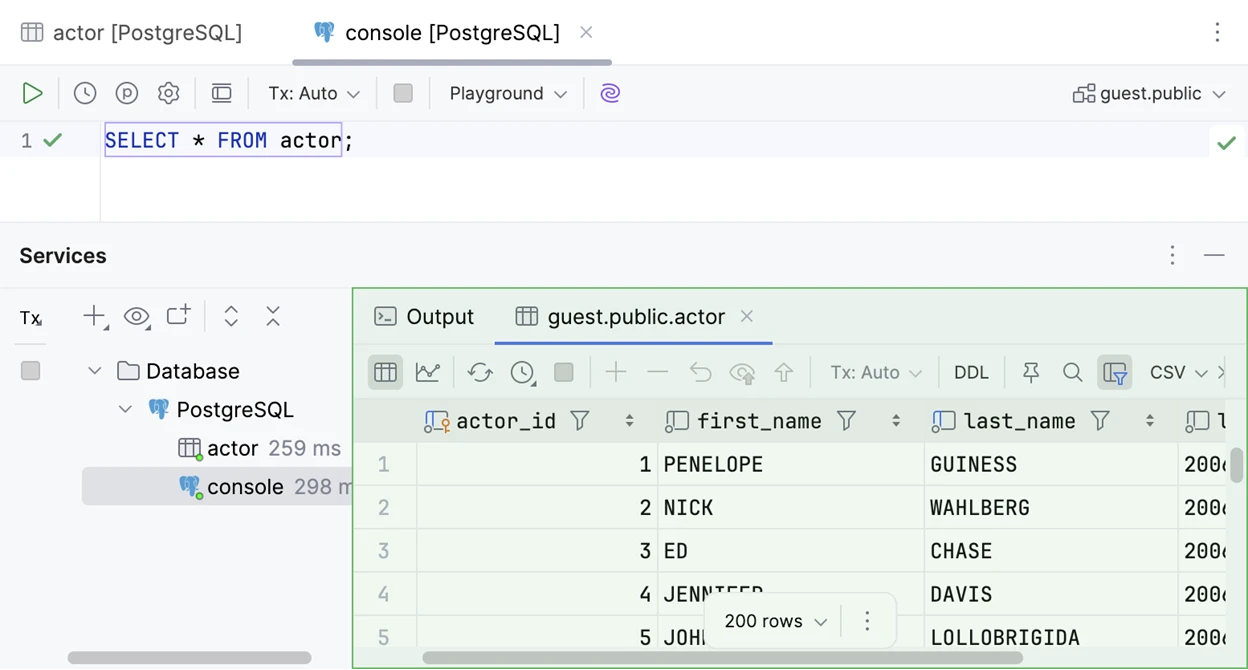 DataGrip SQL Console connected to PostgreSQL showing a query editor, database tree, and query results grid. 