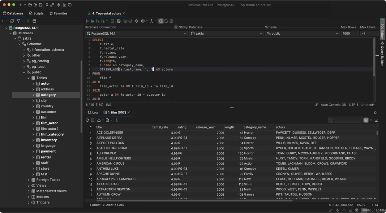 DbVisualizer Pro SQL editor connected to PostgreSQL showing database navigation and query results. 