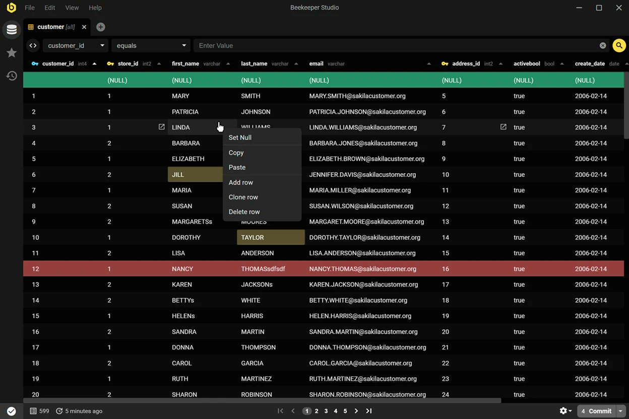 Beekeeper Studio displaying a PostgreSQL data table with inline editing controls. 