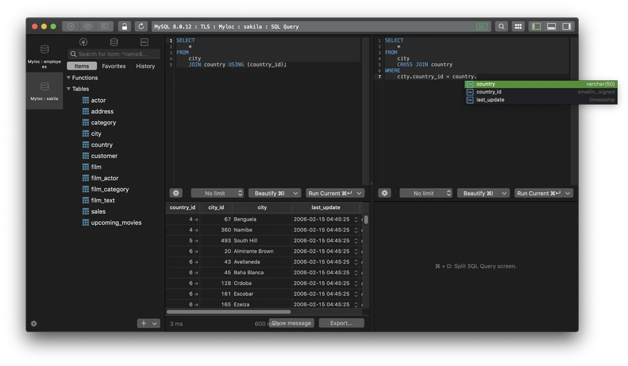 TablePlus database client showing a PostgreSQL connection with SQL editor, database objects, and query results. 
