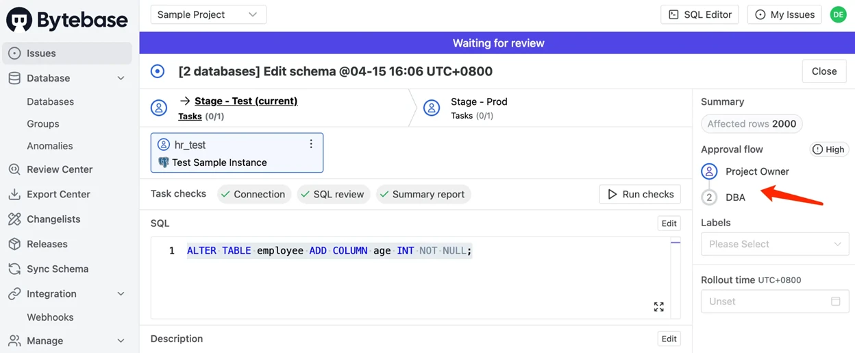 Bytebase schema change review showing SQL migration approval workflow from staging to production. 