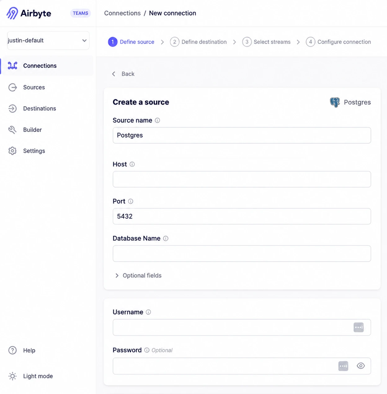 Airbyte connection setup wizard showing a PostgreSQL source configuration with fields for host, port, database name, and credentials. 