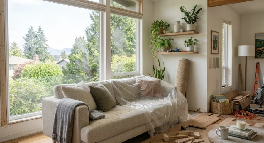 Seattle suburban living room mid-renovation with a fabric sofa covered in a protective sheet, construction dust visible on surfaces, new hardwood flooring partially installed, morning light through windows, scaffolding and tools in the background, realistic home improvement project atmosphere
