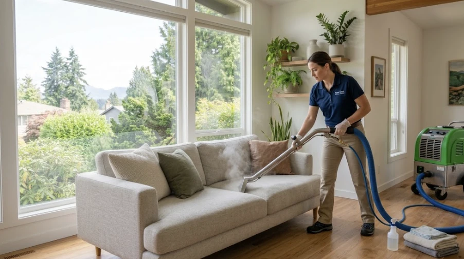 Professional upholstery cleaning technician using hot water extraction equipment on a large gray fabric sofa in a freshly renovated Seattle home with new hardwood floors and freshly painted walls, extraction hose and cleaning wand visible, bright clean interior, the contrast between the updated room and the sofa being cleaned creates a before-and-after sense