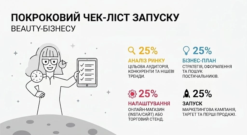 План дій для відкриття власного б'юті-бізнесу з мінімальним капіталом Покроковий чек-лист запуску beauty-бізнесу