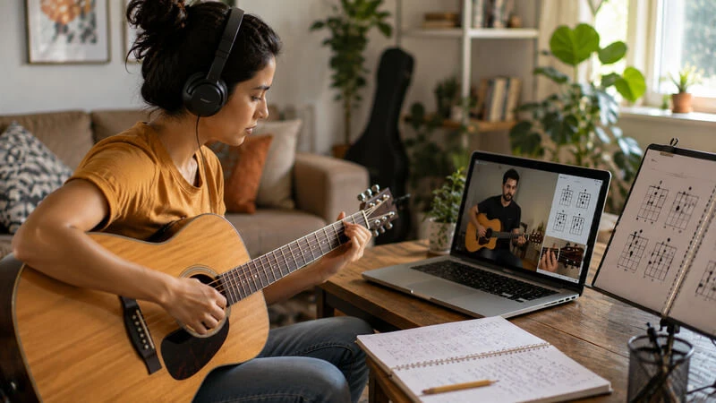 Aprender música pela internet funciona? 45 Mulher aprende violão em casa acompanhando uma aula de música pela internet no computador