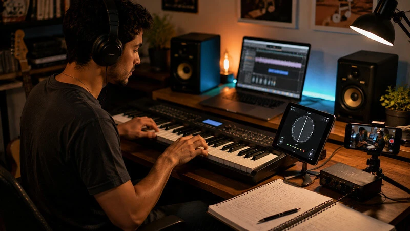 Aprender música pela internet funciona? 46 Músico pratica teclado utilizando metrônomo digital, gravação pelo celular e ferramentas de áudio no computador