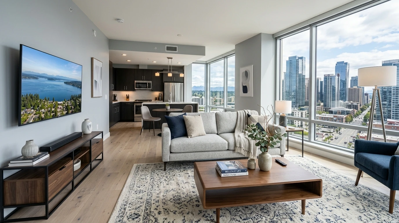 Modern furnished corporate apartment in Bellevue WA with a clean gray fabric sofa, floor-to-ceiling windows showing the Eastside skyline, professional upholstery maintenance visible, contemporary interior design, Pacific Northwest urban living