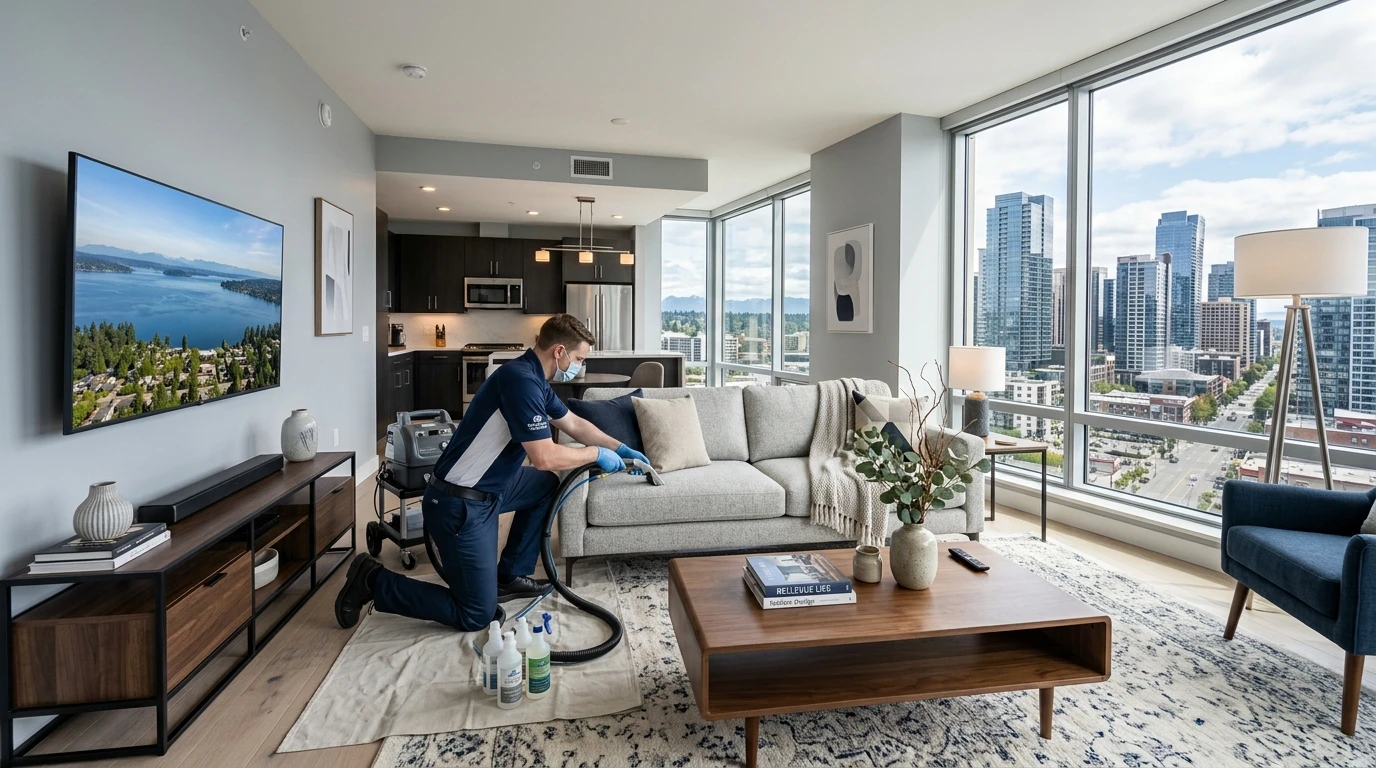 Professional upholstery cleaning technician assessing a fabric sofa in a Bellevue WA furnished apartment, pre-cleaning inspection, clean uniform, modern Eastside interior, Spring District building with city views through large windows