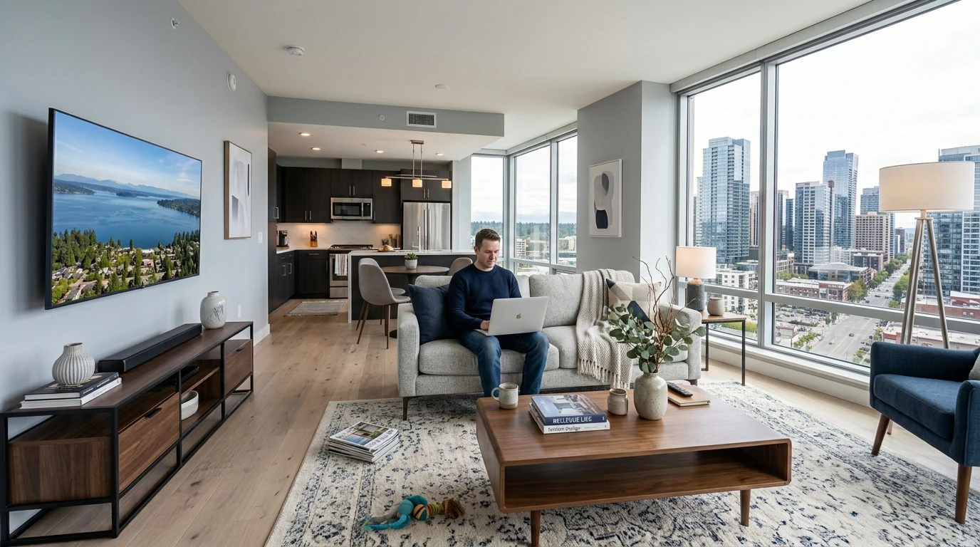 Homeowner sitting on a fabric sofa looking at a laptop screen, researching local upholstery cleaning services, home living room setting, natural light, thoughtful decision-making moment