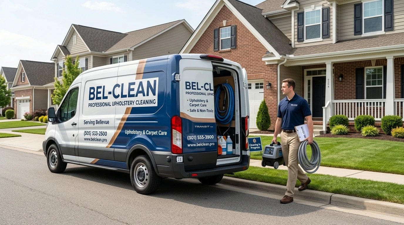 Professional couch cleaning service van parked in front of a suburban home, truck-mounted equipment setup, technician in uniform preparing hose, residential neighborhood, professional service in progress