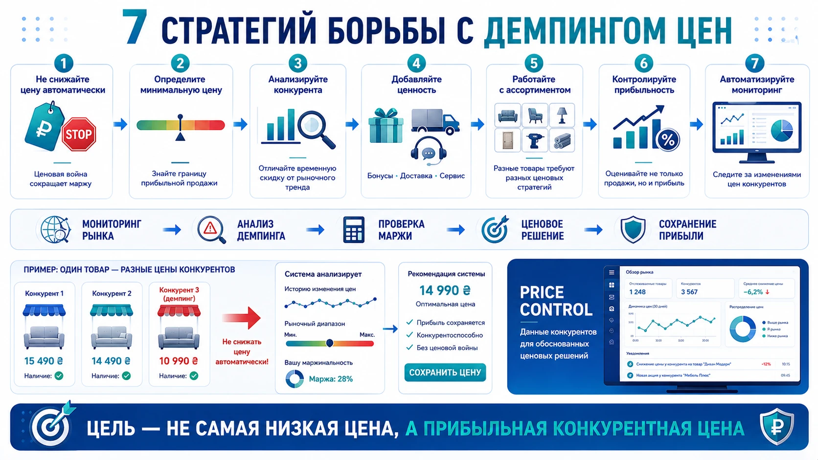 Инфографика о 7 стратегиях борьбы с демпингом: анализ конкурентов, контроль маржи, ценовые решения и мониторинг Price Control.