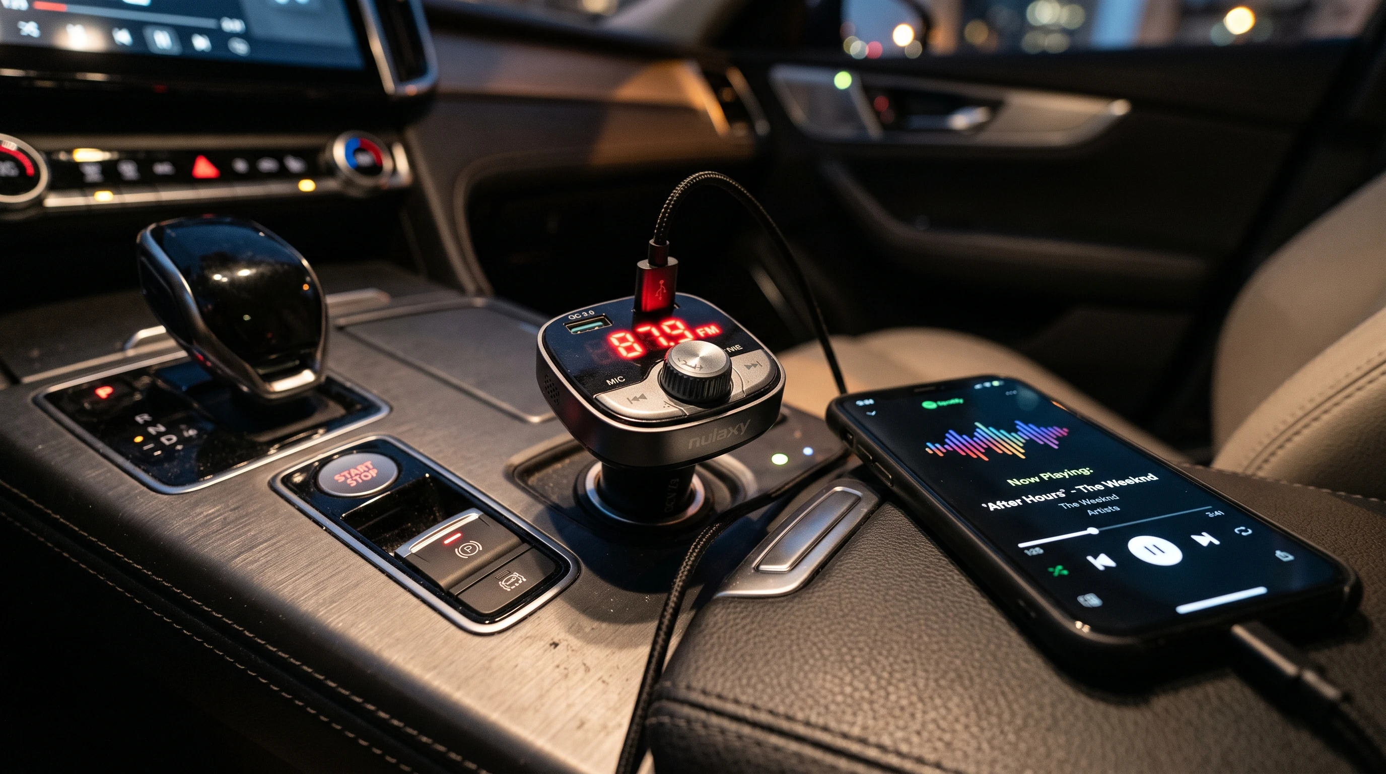 Сучасний FM-трансмітер у гнізді прикурювача автомобіля для підключення смартфона через Bluetooth