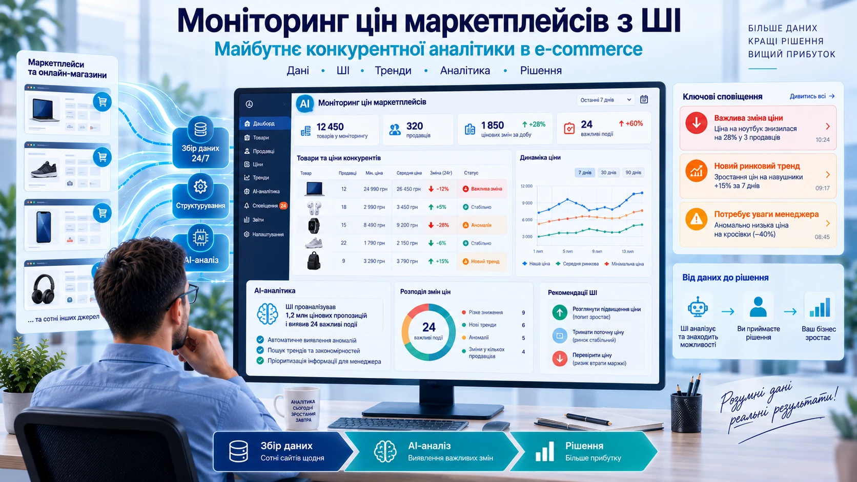 Менеджер використовує ШІ для аналізу цін маркетплейсів, пошуку ринкових трендів, аномалій і змін у конкурентів.