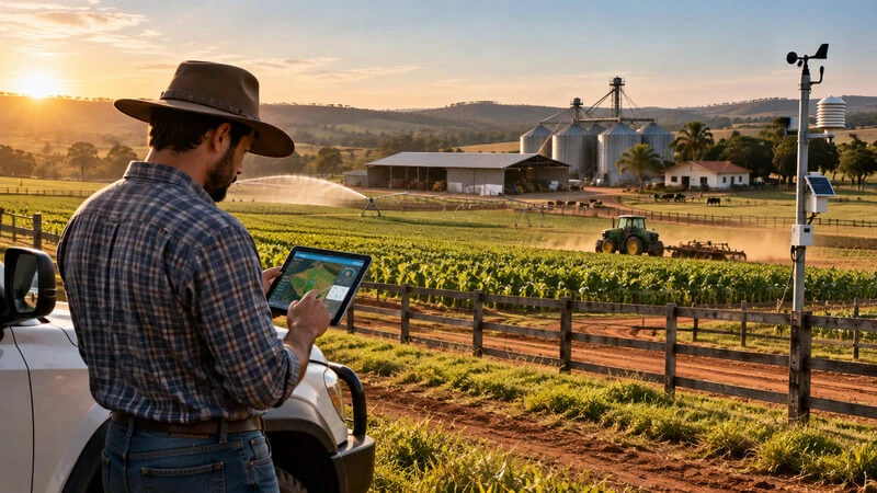 Gestor utiliza tablet em propriedade rural modernizada com lavoura, máquinas agrícolas e infraestrutura organizada