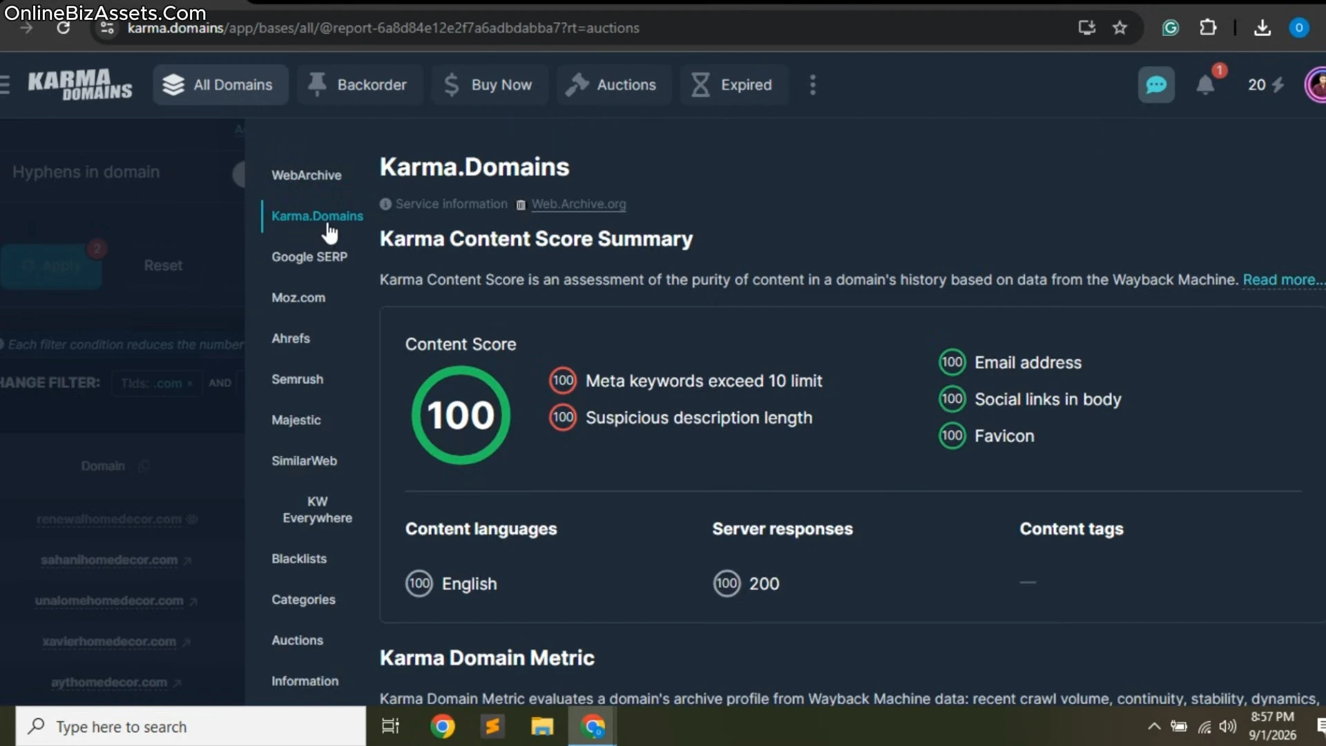 Karma Score and domain history report