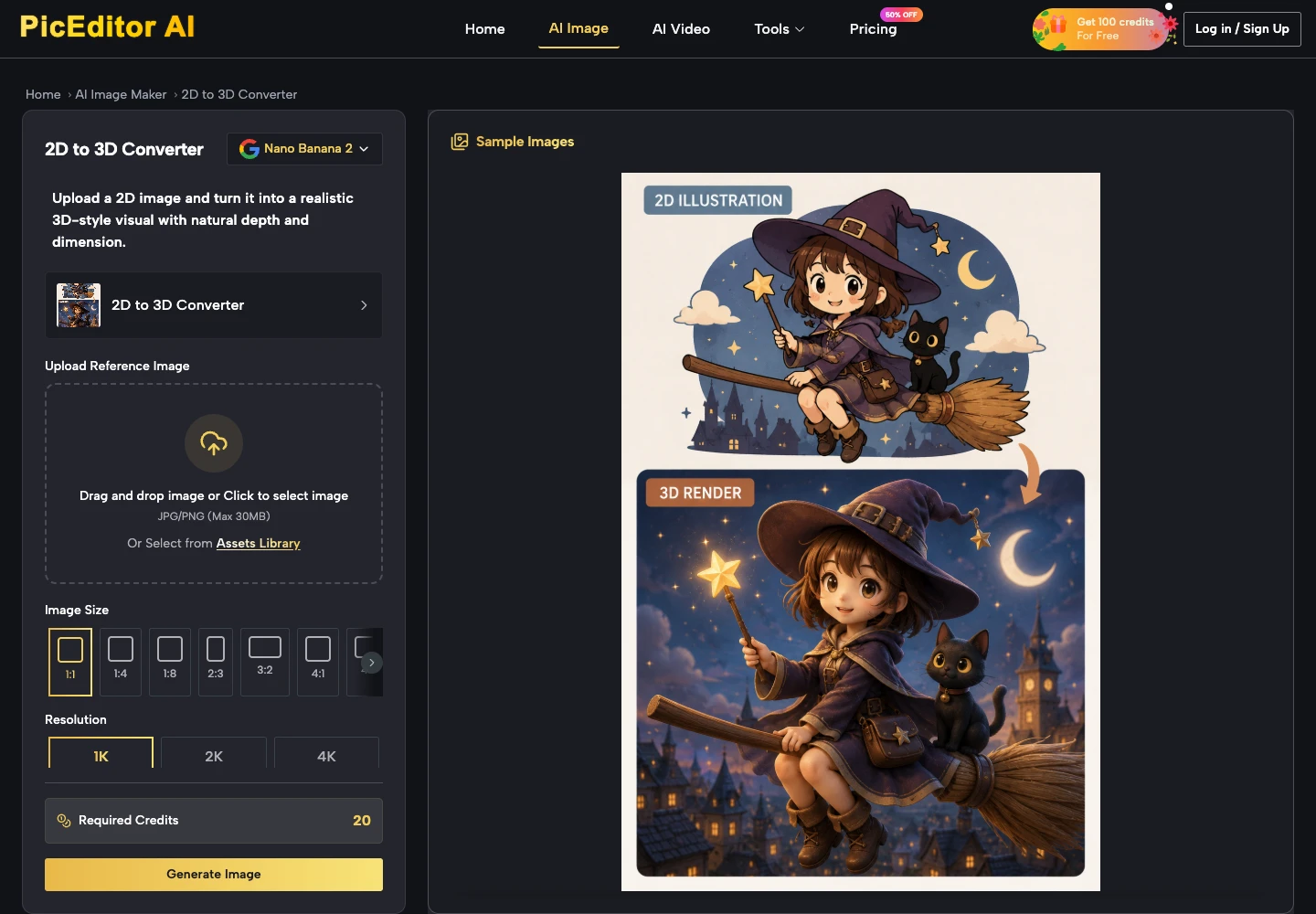 PicEditor AI 2D to 3D Converter aracı, yapay zeka ile 2 boyutlu çizimleri 3 boyutlu görsellere dönüştürme ekranı