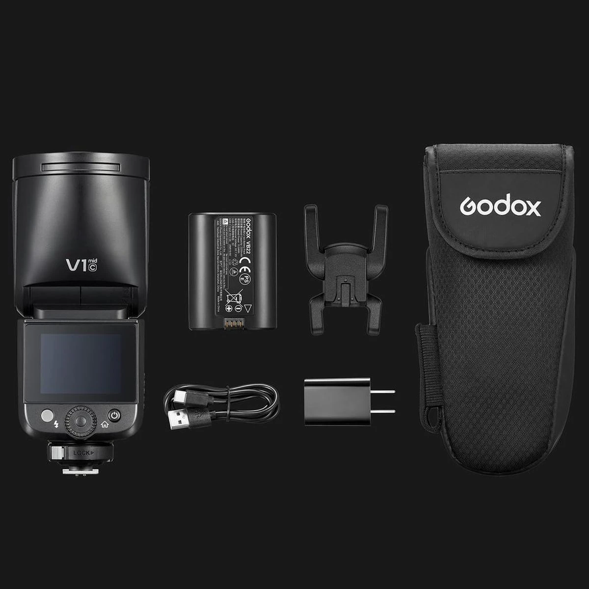 Полный комплект поставки вспышки Godox V1Mid-C с аккумулятором VB22 и зарядным кабелем Type-C