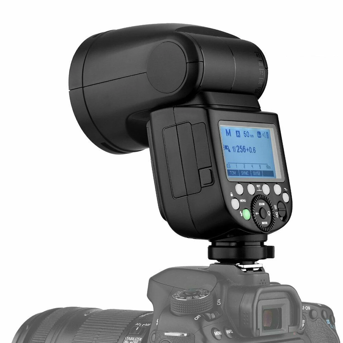 Вспышка Godox V1-C с индикацией глубокой регулировки мощности на камере Canon EOS