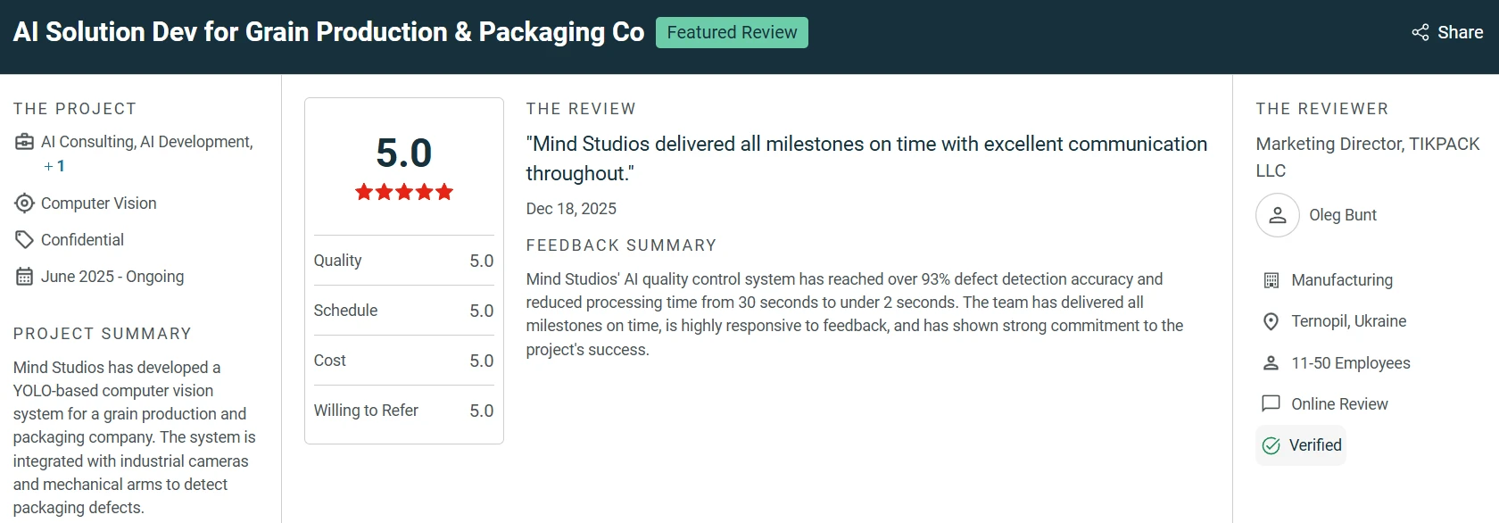 Client review of Mind Studios by Oleg Bunt, Marketing Director at TIKPACK, on a computer vision packaging line project