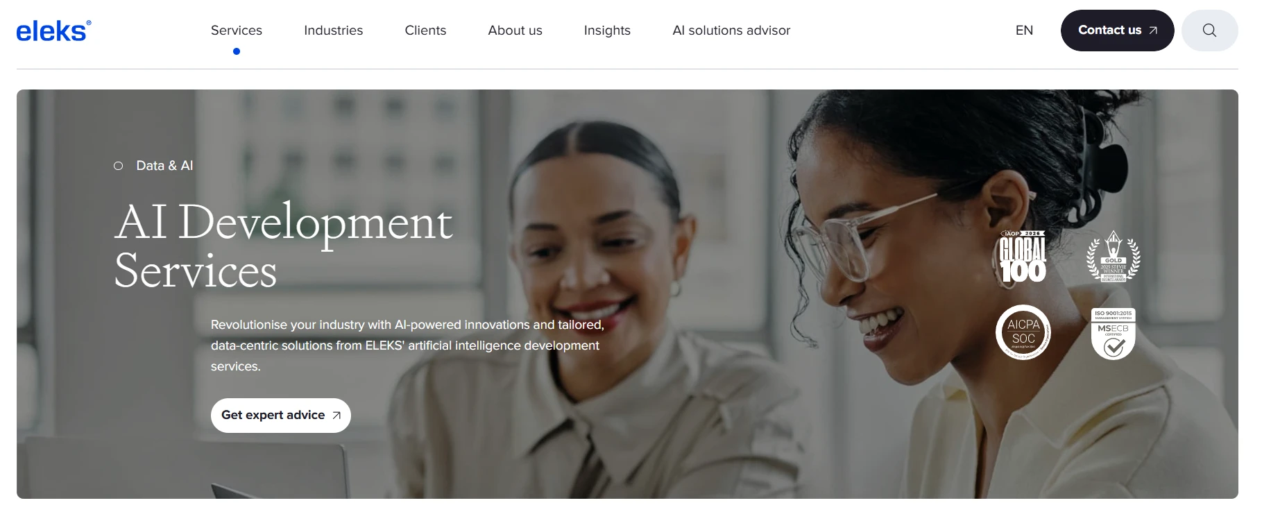 ELEKS homepage, a software development company specializing in data science and AI-powered analytics