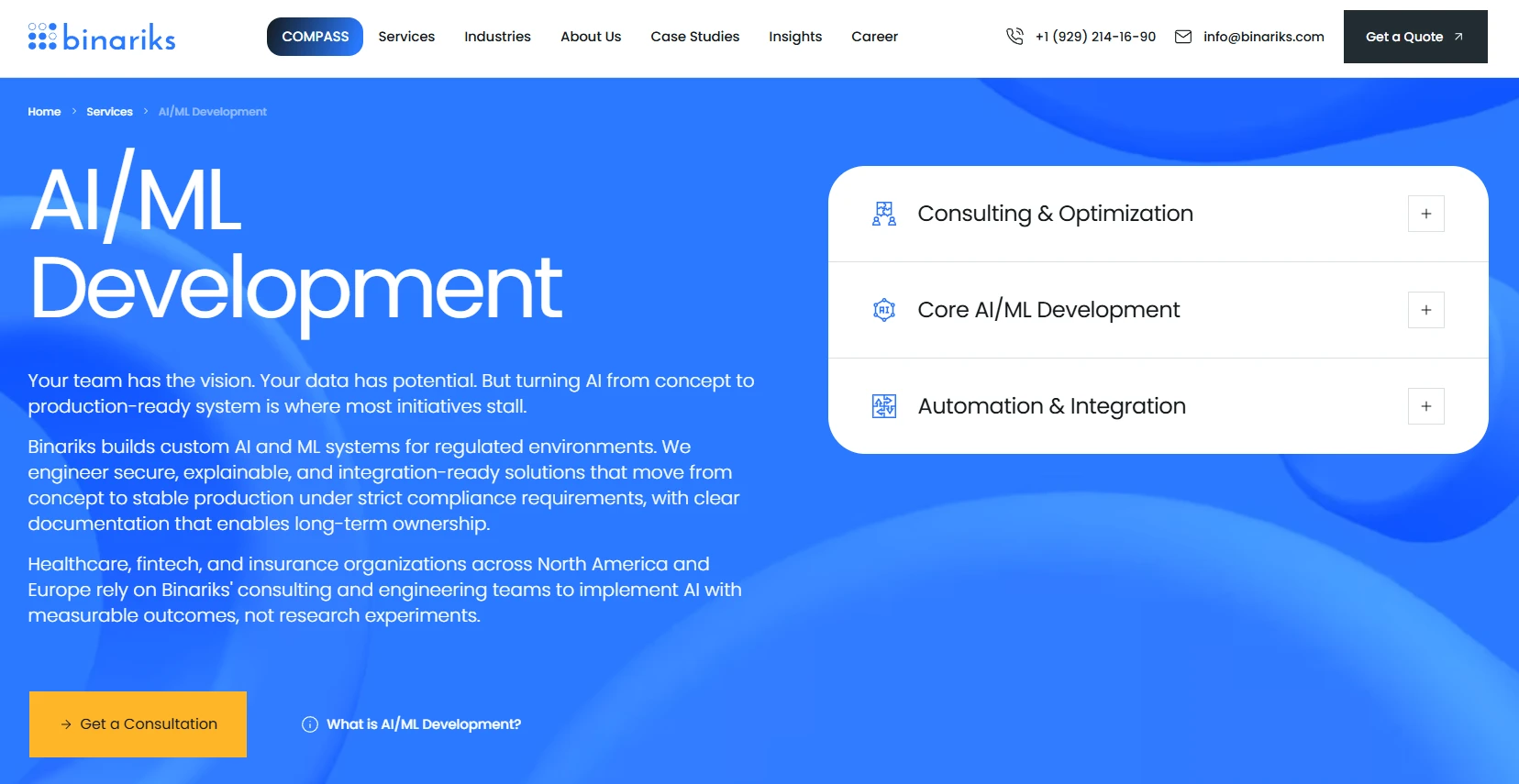 Binariks homepage, an AI development partner for healthcare and MedTech with FDA-compliant software expertise