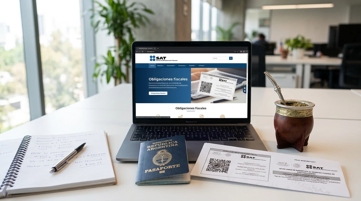 Obligaciones fiscales mensuales para emprendedores argentinos con empresa en México Emprendedor argentino en México revisando obligaciones fiscales SAT en laptop, con documentos de empresa S.A. de C.V. sobre la mesa