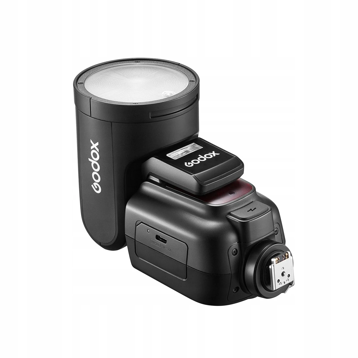 Спалах Godox V1Pro з піднятою круглою головою, металевим гарячим башмаком та знімним суб-спалахом заповнення SU-1