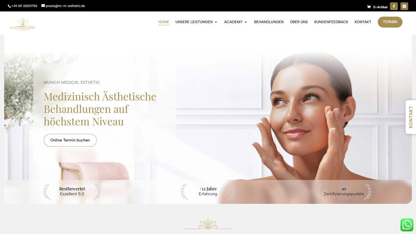 Munich Medical Esthetic official website Screenshot of the official Munich Medical Esthetic website showing its Munich aesthetic medicine homepage.