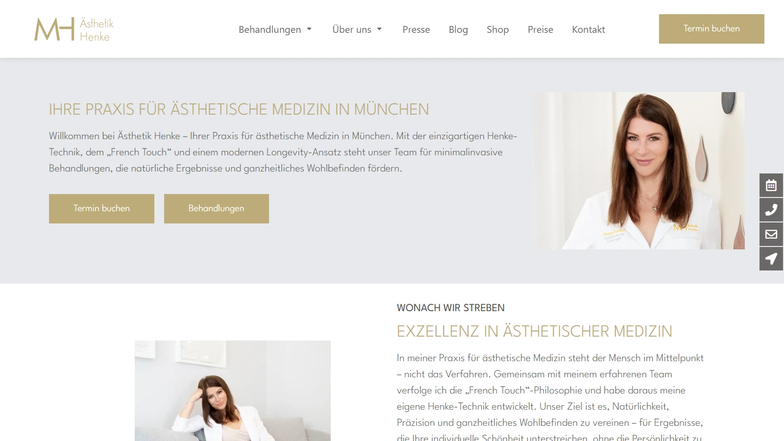 Ästhetik Henke official website Screenshot of the official Ästhetik Henke website showing the Munich practice and Maja Henke.