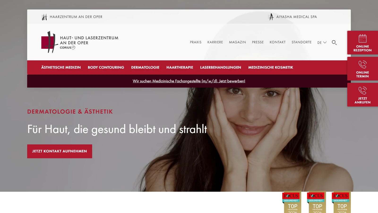 Haut- und Laserzentrum an der Oper official website Screenshot of the official Haut- und Laserzentrum an der Oper website showing its dermatology and aesthetics homepage.
