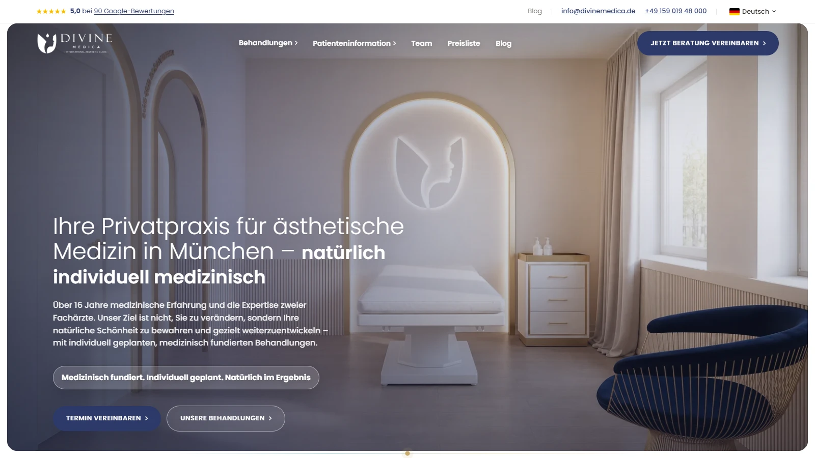 Divine Medica official website Screenshot of the official Divine Medica website showing its Munich treatment room and clinic branding.
