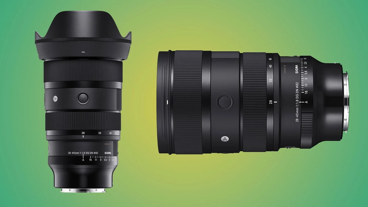 Внешний вид объектива Sigma 28-45mm f/1.8 DG DN Art с лепестковой блендой и шкалой диафрагмы на корпусе