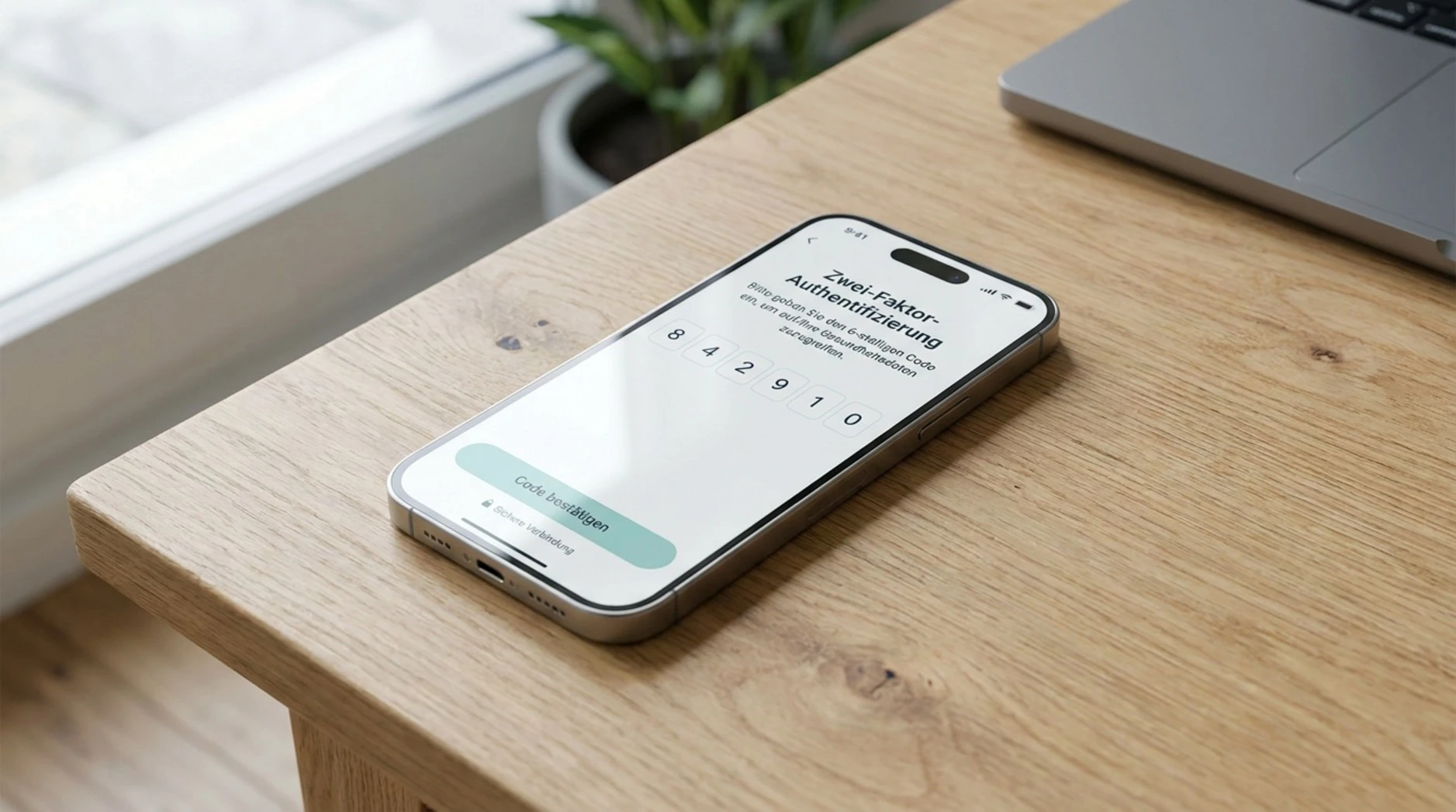 Smartphone zeigt eine 2FA-Bestätigung auf dem Bildschirm für eine Gesundheitsanwendung auf einem hellen Holzschreibtisch.