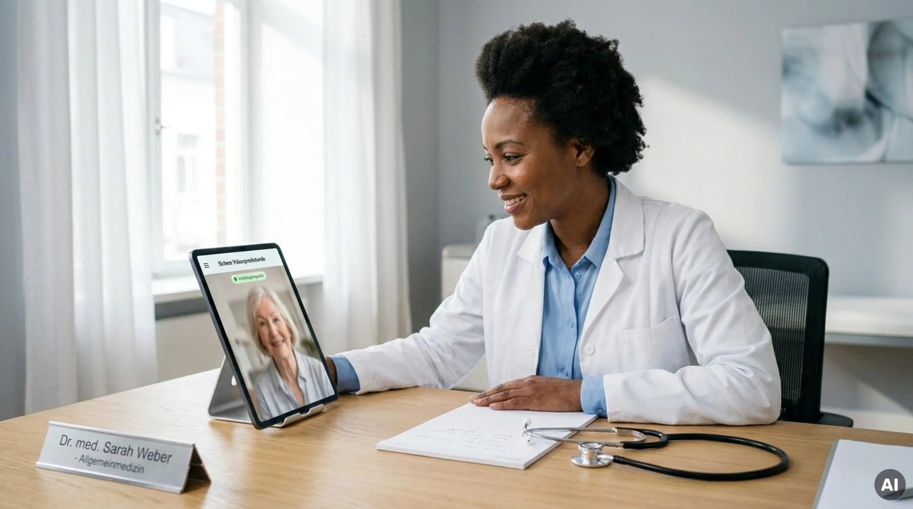 Ein Arzt führt eine sichere Videosprechstunde mit einer Patientin durch, während er an einem modernen Schreibtisch sitzt.