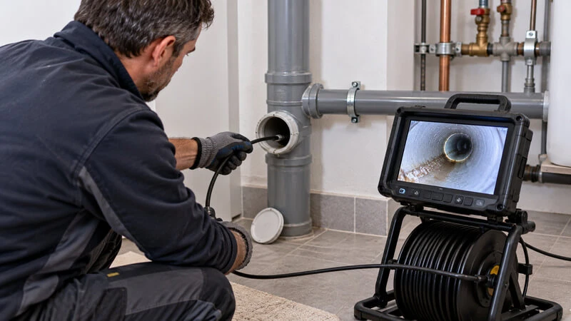 Technician uses a CCTV inspection camera to examine the internal condition of an accessible drainage pipe