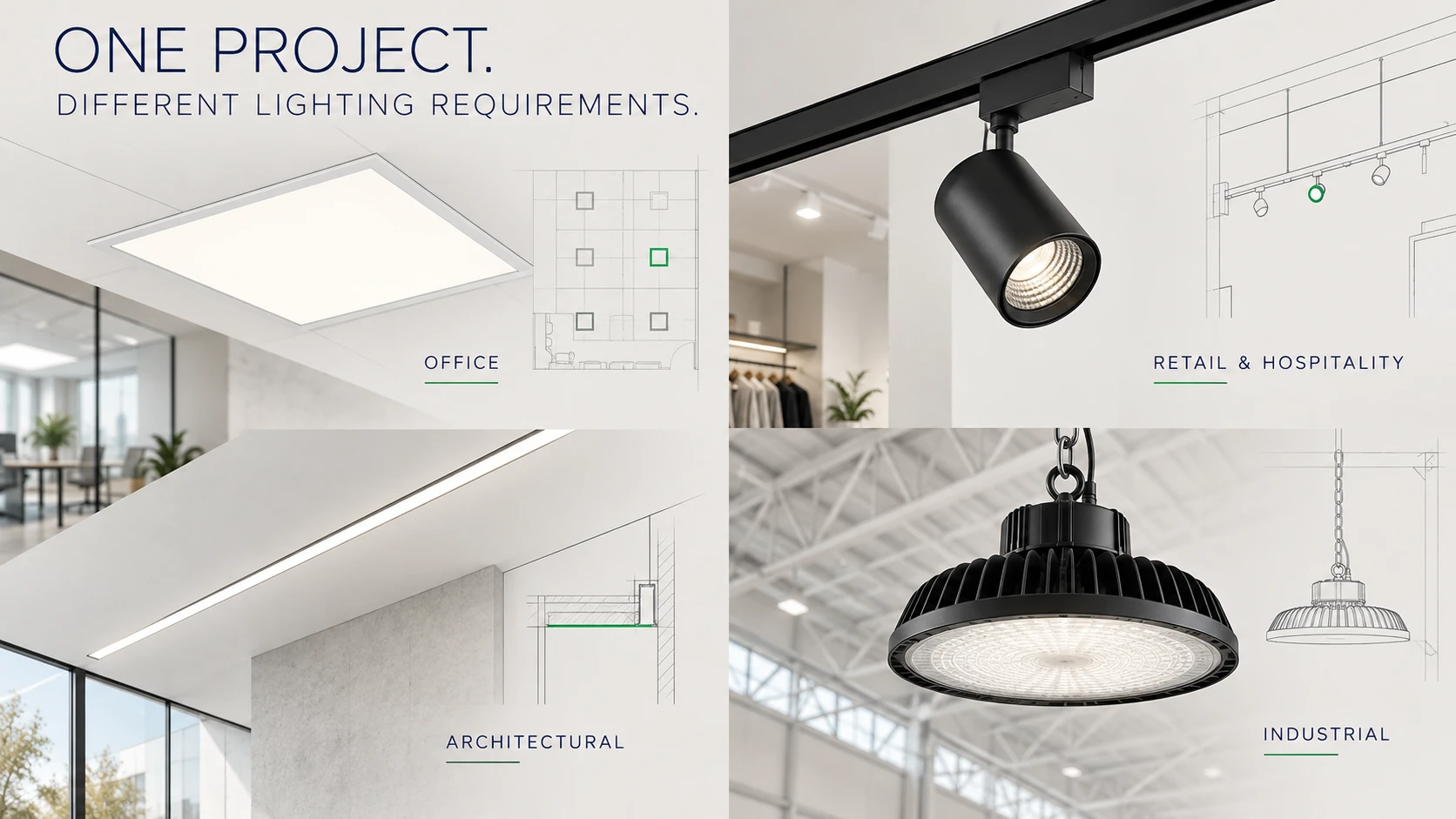 Commercial LED lighting applications including office, retail and architectural lighting