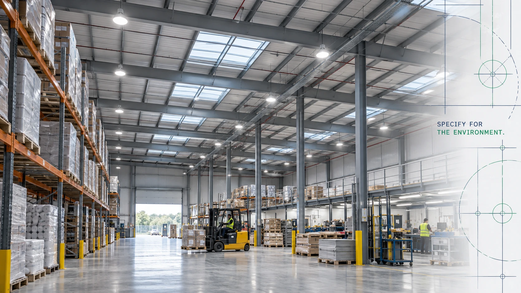 Professional LED high bay lighting in a commercial warehouse environment