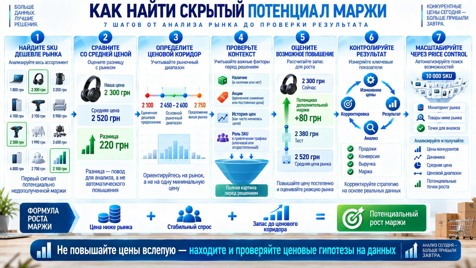 Инфографика о 7 шагах поиска скрытого потенциала маржи: анализ цен, ценовой коридор, проверка контекста и тестирование гипотез.
